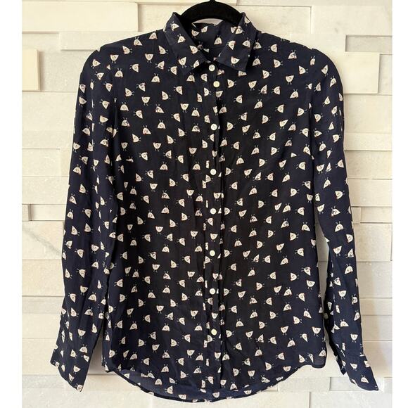 J CREW 100% Silk French Hen Button Front Long Sleeve Shirttail Hem Top XS Navy - Picture 2 of 7